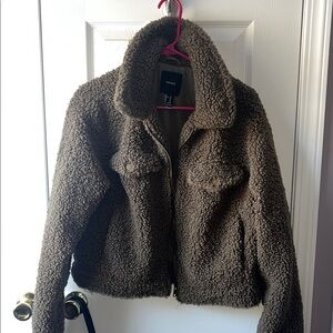 Forever 21 Teddy Jacket in Dark green/Brown